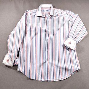 Robert Graham Embroidered Flip Cuff Striped Shirt Mens Medium Pastel